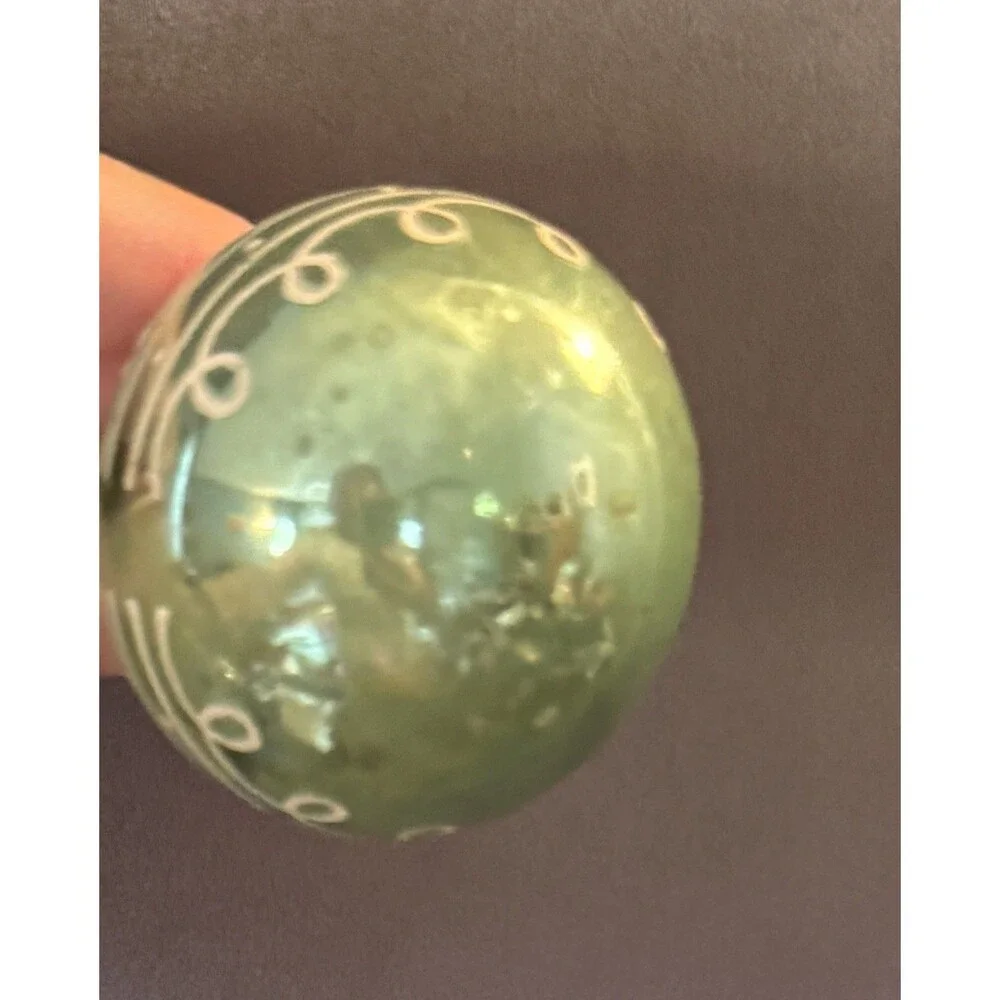 VTG Christmas Green Mercury Glass Ornament Stenciled White Design MCM Holiday